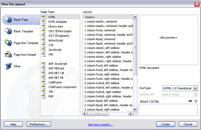 The New Document dialog box lets you create new web pages.