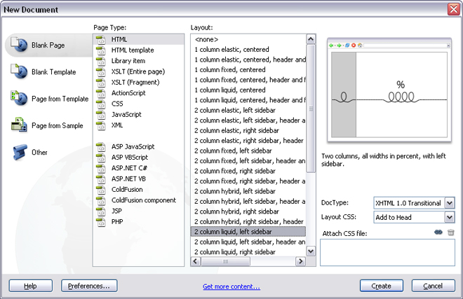 Preview the preformatted layouts in Dreamweaver in the New Document dialog box.