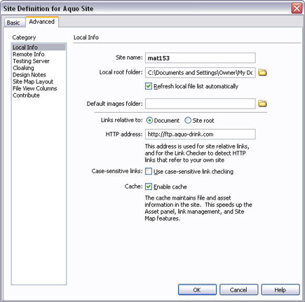 Use the Site Definition dialog box to define a new site.