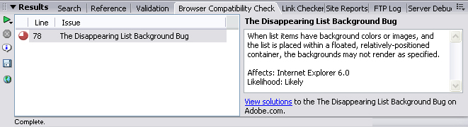 The Browser Compatibility check shows a bug and a link to find solutions.