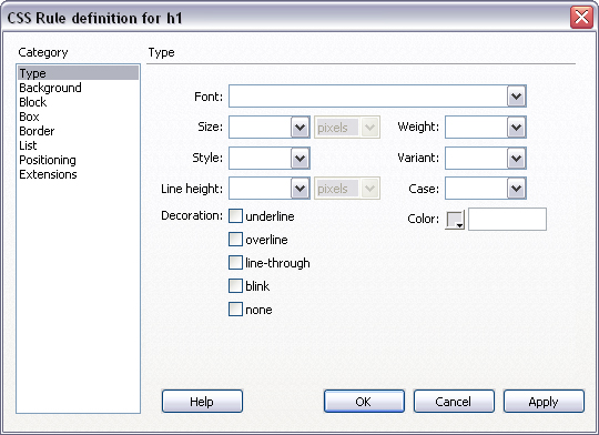 Use the CSS Rule Definition dialog box to define a rule.