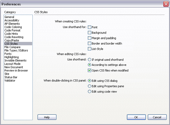 Use the Dreamweaver Preferences dialog box to change CSS shorthand and double-clicking preferences.