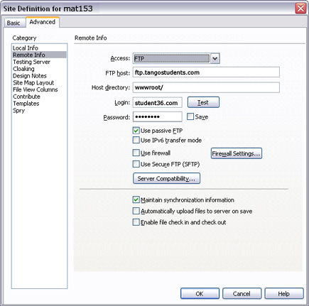 The Site Definition panel Remote Info tab.
