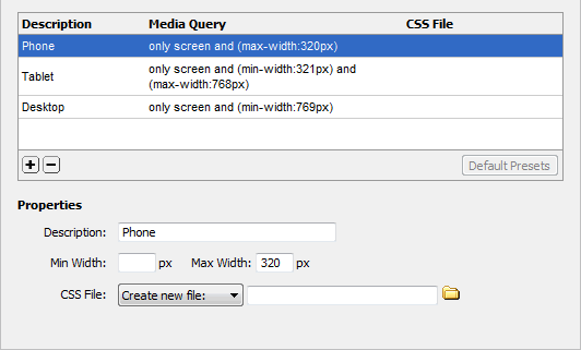 The default presets suggest the most commonly used settings for media queries.