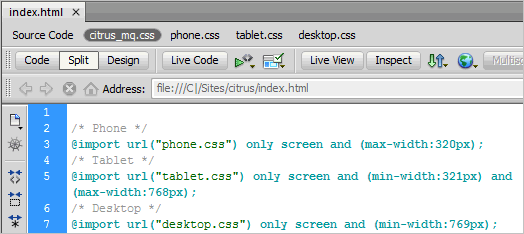 The site-wide media queries file uses @import to include the rules from each style sheet.