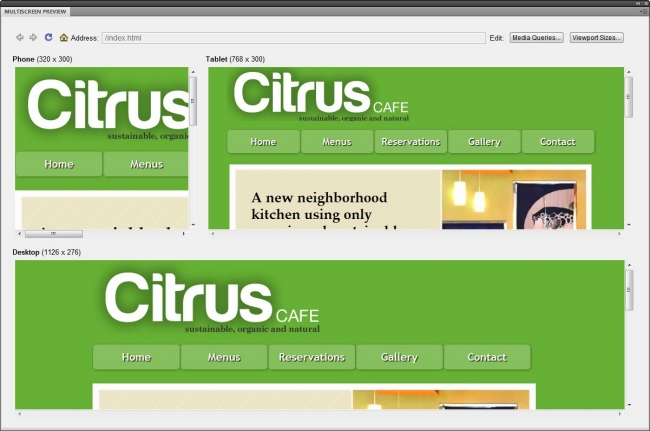 Comparing the desktop and tablet layouts in the Multiscreen Preview panel.